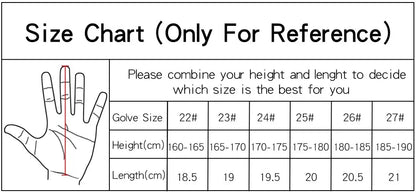 Size chart for soft sheepskin golf gloves, detailing glove size, height, and length measurements for accurate fit.