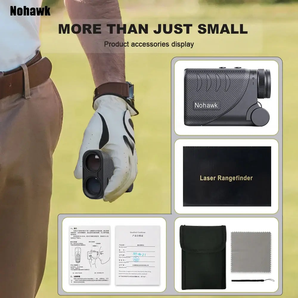 golf laser rangefinder with slope distance displayed with accessories including manual and case