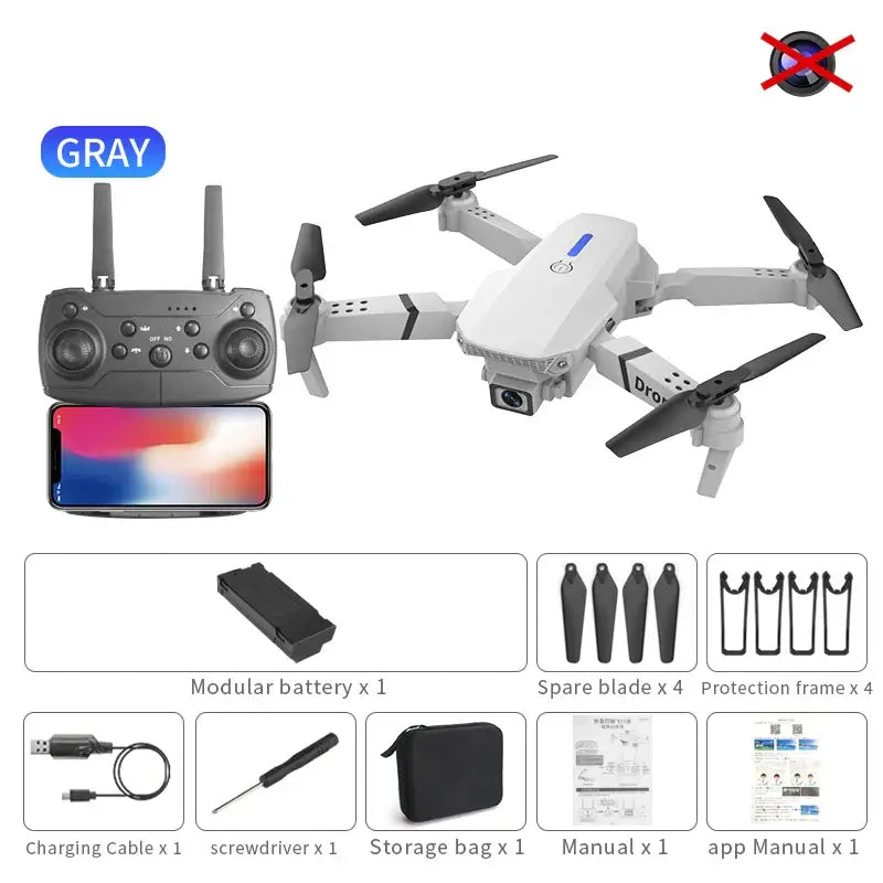 professional mini drone with obstacle avoidance E88 with controller and accessories in gray color