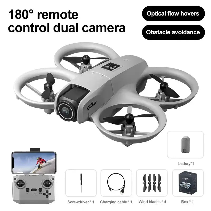 Drone GT3 MAX features 180° remote control, dual camera, optical flow hovers, and obstacle avoidance.