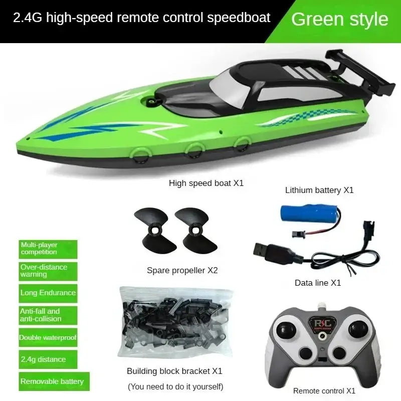 Kids remote control boat toys featuring a green high-speed remote control speedboat with accessories and remote control.
