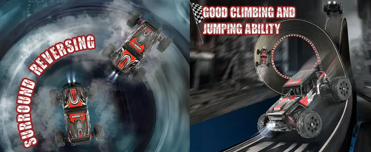 RC Car for Kids showcasing reversing, climbing, and jumping abilities in an exciting action scene.