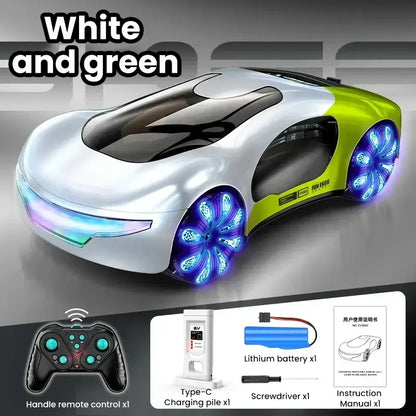 Remote Control Concept Cars - White and green drift vehicle with glowing wheels and remote control included.