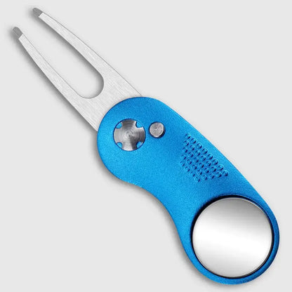 Metal Foldable Golf Divot Repair Tool in blue with a forked end and a built-in ball marker.