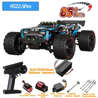 9522 PRO 85KMH High speed RC Car with brushless motor, remote control, and lithium battery accessories.