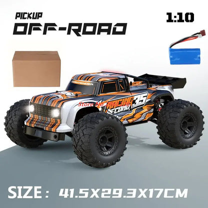Remote Control Drift Racing Car 70KMH 1:10 high-speed off-road pickup with large tires and battery.