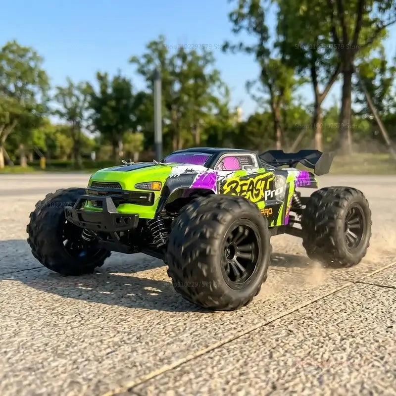 High speed remote control car 80KMH in motion showcasing its design and tires on a racetrack.