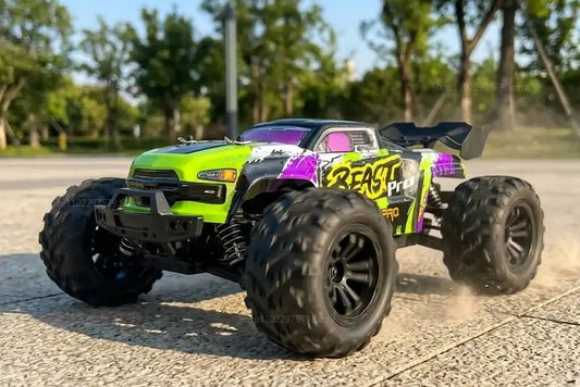 High speed remote control car 80KMH in motion showcasing its design and tires on a racetrack.
