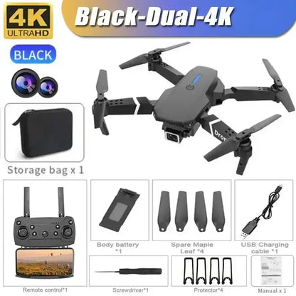 New E88 RC Drone in black with 4K camera, remote control, storage bag, and accessories for aerial photography.