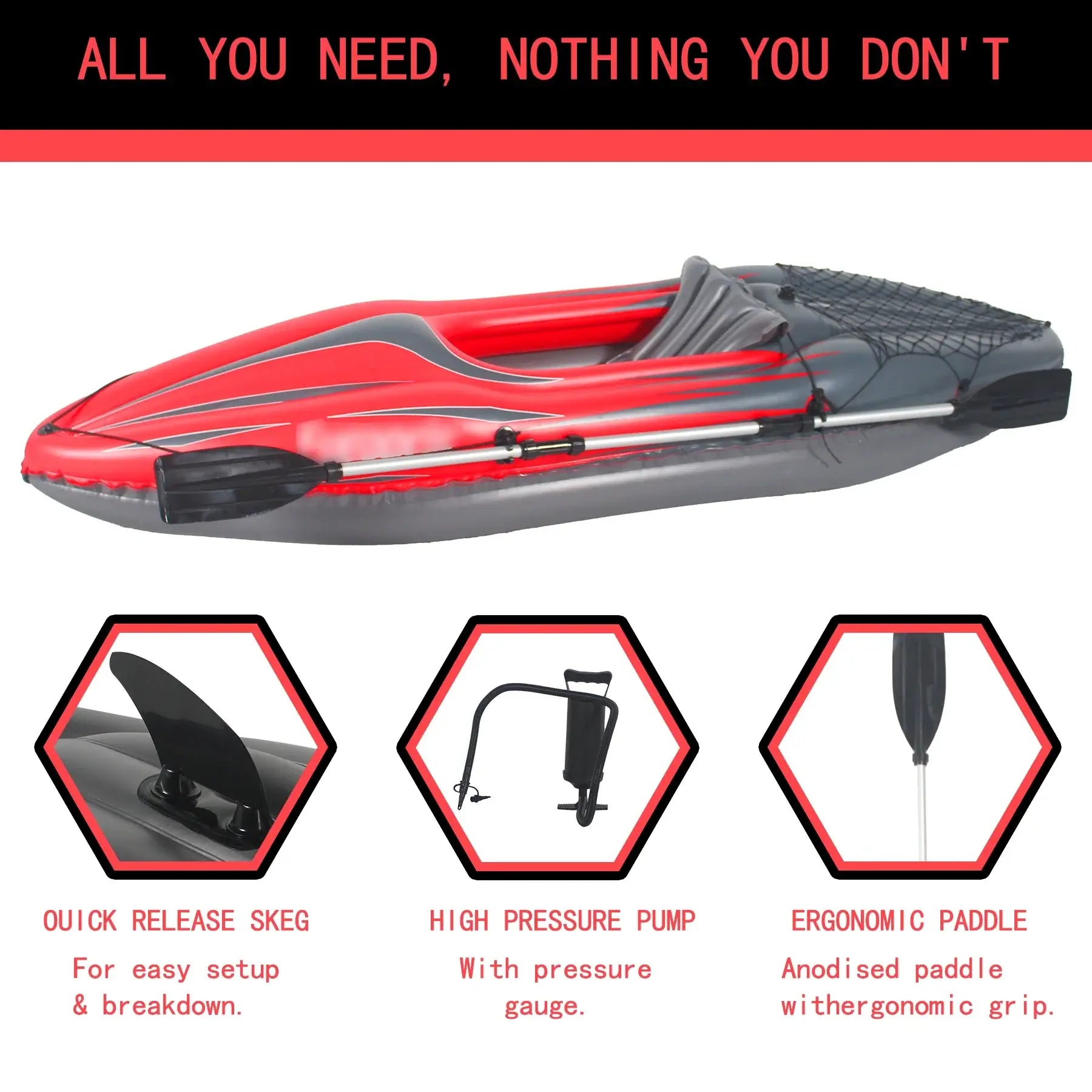 Inflatable Kayak Fishing Boat 1 Person Adult Red Canoe, with Paddles