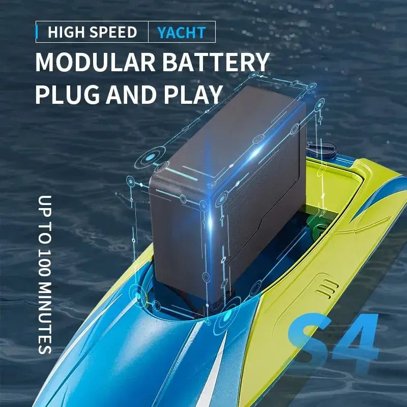 High speed waterproof remote control boat with modular battery design for up to 100 minutes of play.