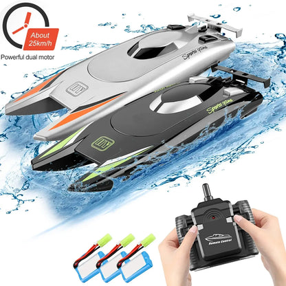 RC Boat 2.4Ghz 25kmh high-speed racing ship displaying dual motors and remote control in water.