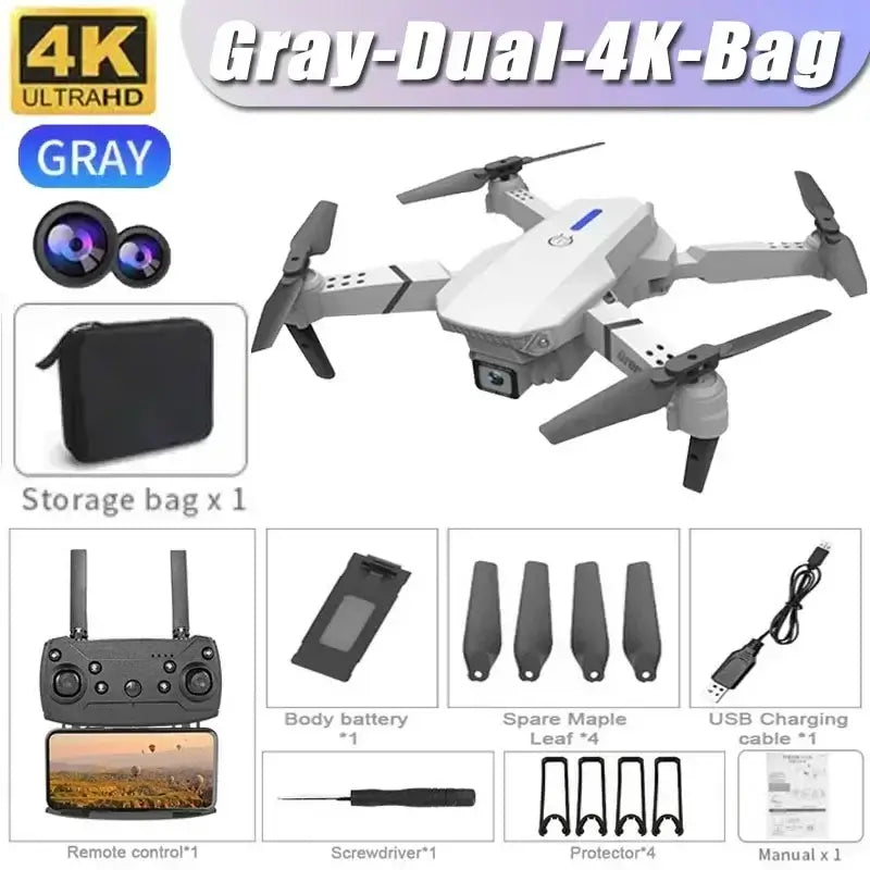 4K dual camera RC drone with gray storage bag and remote control showcased in product image.
