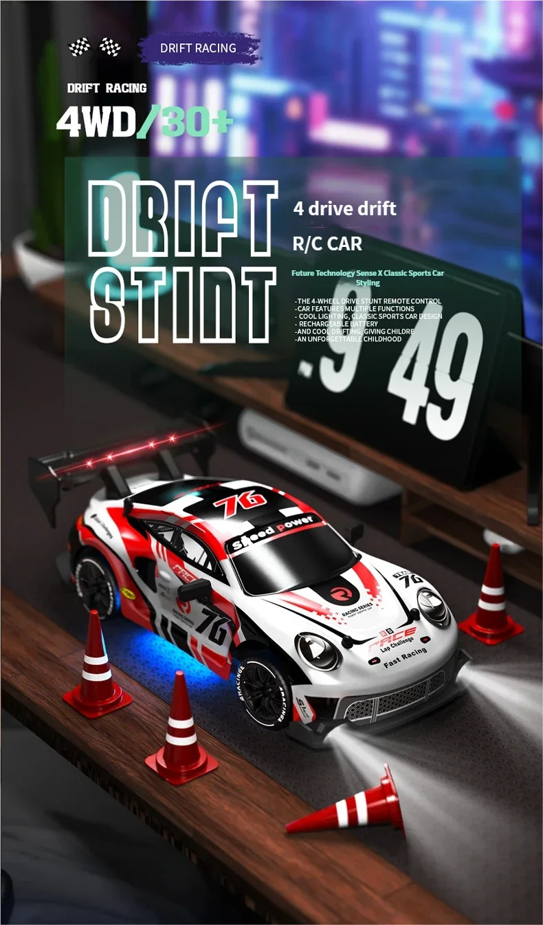RC drift cars for kids RTR 1:24 RC Drift Cars 4WD 2.4Ghz on a racetrack with cones and a digital display.