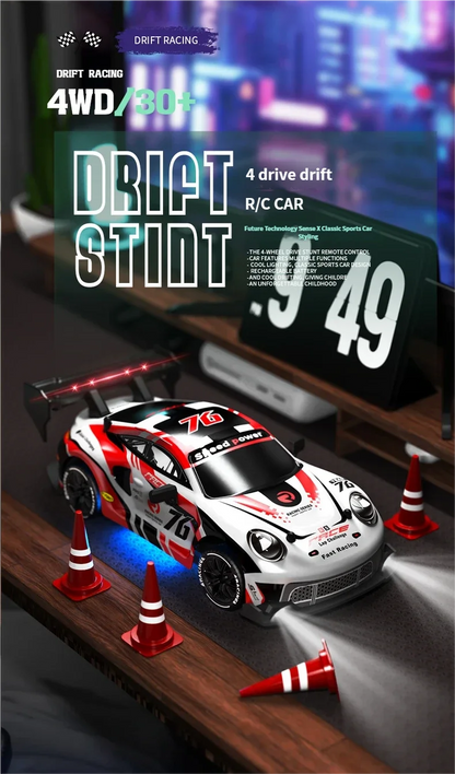 RC drift cars for kids RTR 1:24 RC Drift Cars 4WD 2.4Ghz on a racetrack with cones and a digital display.