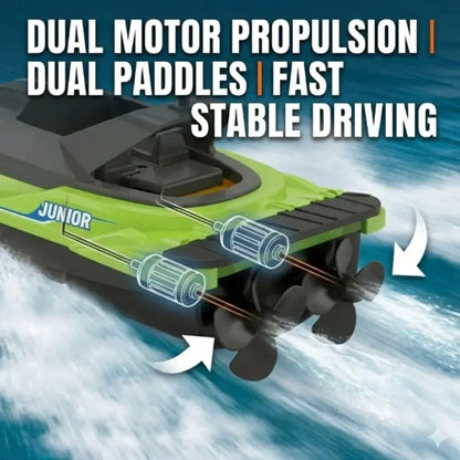 Waterproof high-speed RC boat for kids with dual motor propulsion and paddles for fast stable driving.