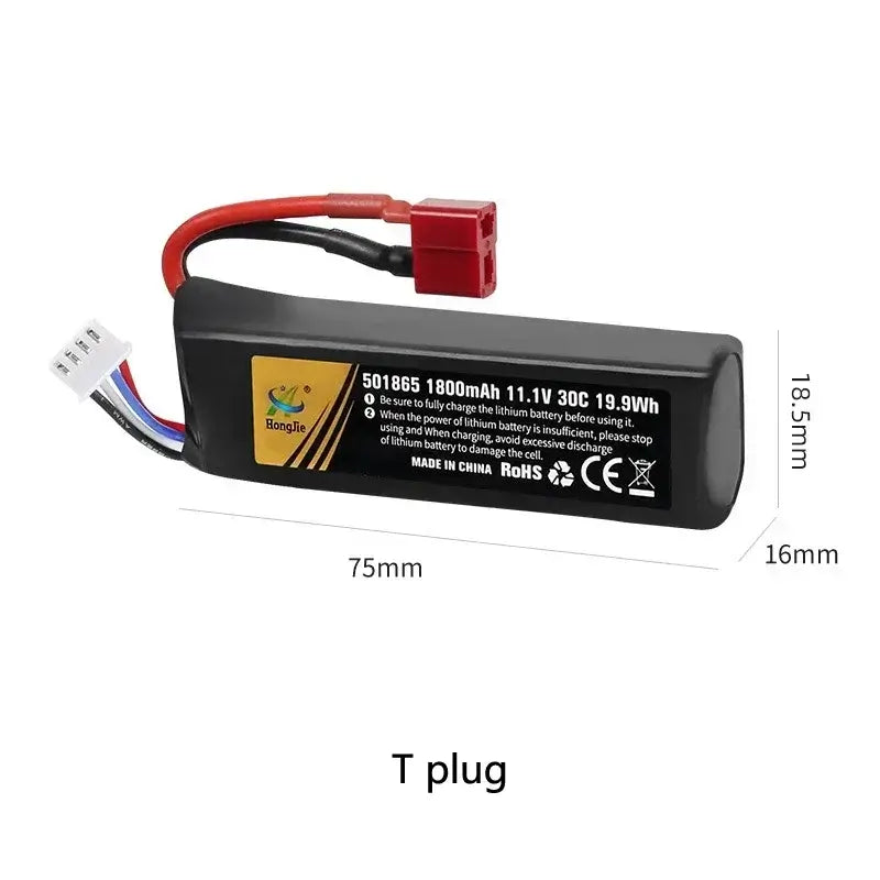 Lipo Battery for RC Car featuring 11.1V voltage, 30C discharge rate, and 1800mAh capacity for optimal performance.