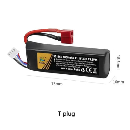 Lipo Battery for RC Car featuring 11.1V voltage, 30C discharge rate, and 1800mAh capacity for optimal performance.