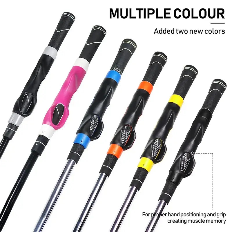 Golf grip trainer showing multiple colors for enhanced grip strength training and muscle memory.
