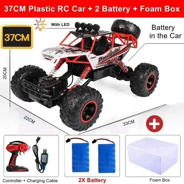 RC Car Remote Control Climbing Vehicle with LED, including 2 batteries and foam box for outdoor adventures.