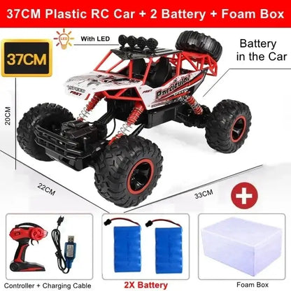 RC Car Remote Control Climbing Vehicle with LED, including 2 batteries and foam box for outdoor adventures.