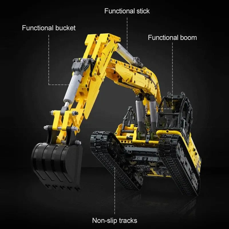 RC Excavator model showcasing functional bucket, stick, boom, and non-slip tracks for DIY building enjoyment.