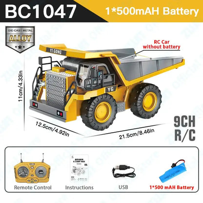 ZWN 2.4G Remote Control Excavator Dump Truck RC Model with remote control, battery, and accessories.