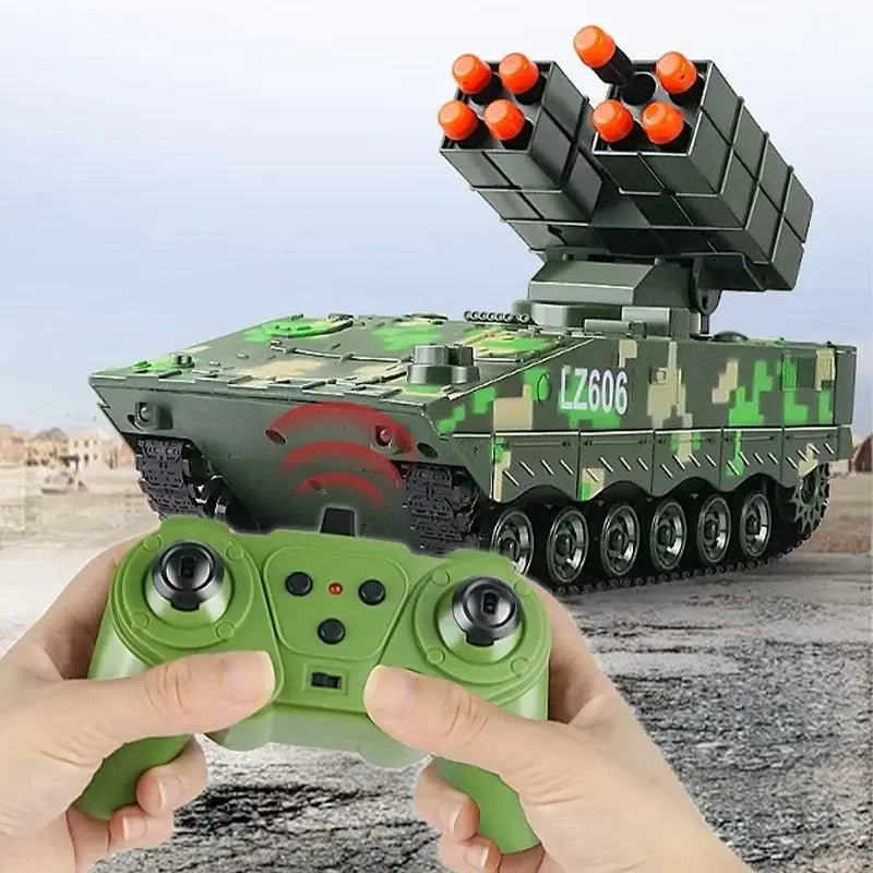 Simulation Military Missile remote control vehicle with a green controller in action on a battlefield.