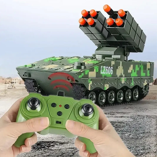 Simulation Military Missile remote control vehicle with a green controller in action on a battlefield.