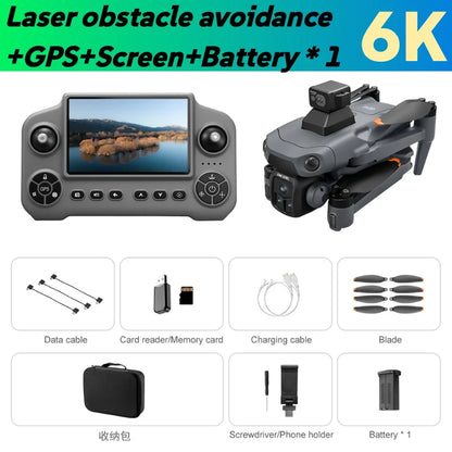 8K GPS drone with obstacle avoidance remote control and accessories including battery and data cable.