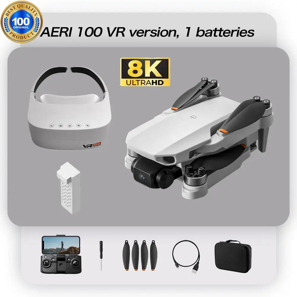 Aeri100 VR New Drone with 8K camera, VR headset, and battery accessories displayed.