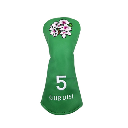 flower embroidery golf club head covers with floral design on green fabric for fairway woods.