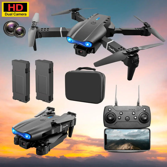 Foldable dual camera FPV drone with accessories, including HD dual cameras, batteries, and remote controller.