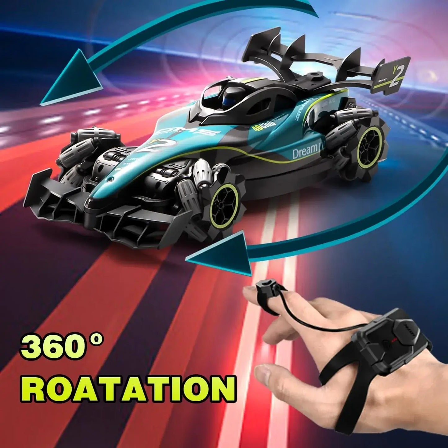 Y2 RC Car Drift Car with Light showcasing 360° rotation feature on a colorful racing track background.