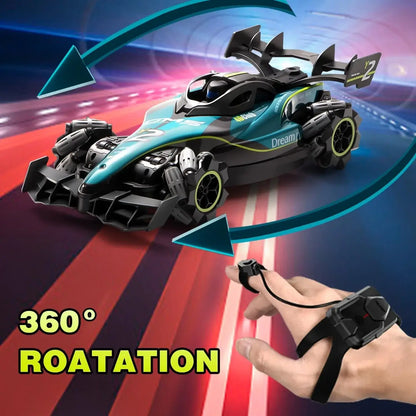 Y2 RC Car Drift Car with Light showcasing 360° rotation feature on a colorful racing track background.