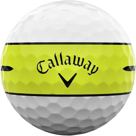  Chrome Tour X 360 Stripe Golf Balls featuring a distinctive yellow stripe and textured surface for enhanced distance.Callaway golf ball featuring a yellow stripe with the brand name prominently displayed.