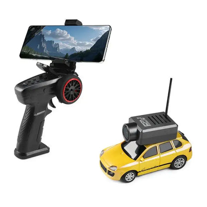 FPV RC Car HD Camera with Gyro Stabilization remote control and yellow car with camera