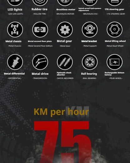High-speed 4WD RC truck specifications including features like metal chassis, brushless motor, and 75 km/h speed.