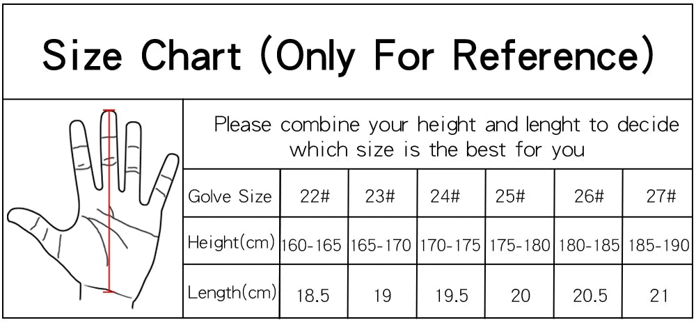 Size chart for breathable sheepskin golf gloves showing glove sizes, height, and length measurements.