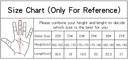 Size chart for breathable sheepskin golf gloves showing glove sizes, height, and length measurements.