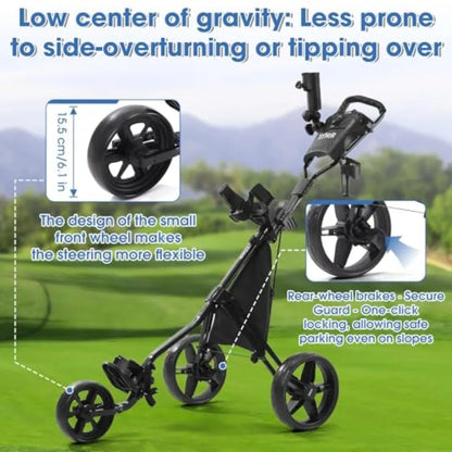 lightweight golf push cart features a low center of gravity and adjustable height for stability and ease of use.