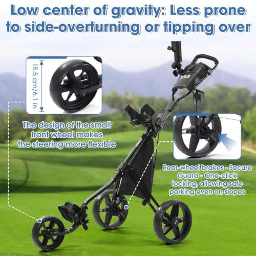 Lightweight golf push cart featuring a low center of gravity for enhanced stability and easy steering on the course.
