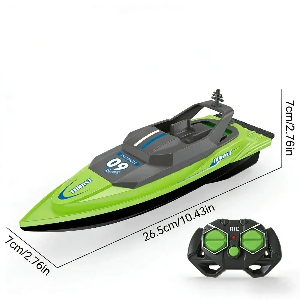 Waterproof high-speed RC boat for kids with remote control, green design and dual motors, perfect water toy for fun.