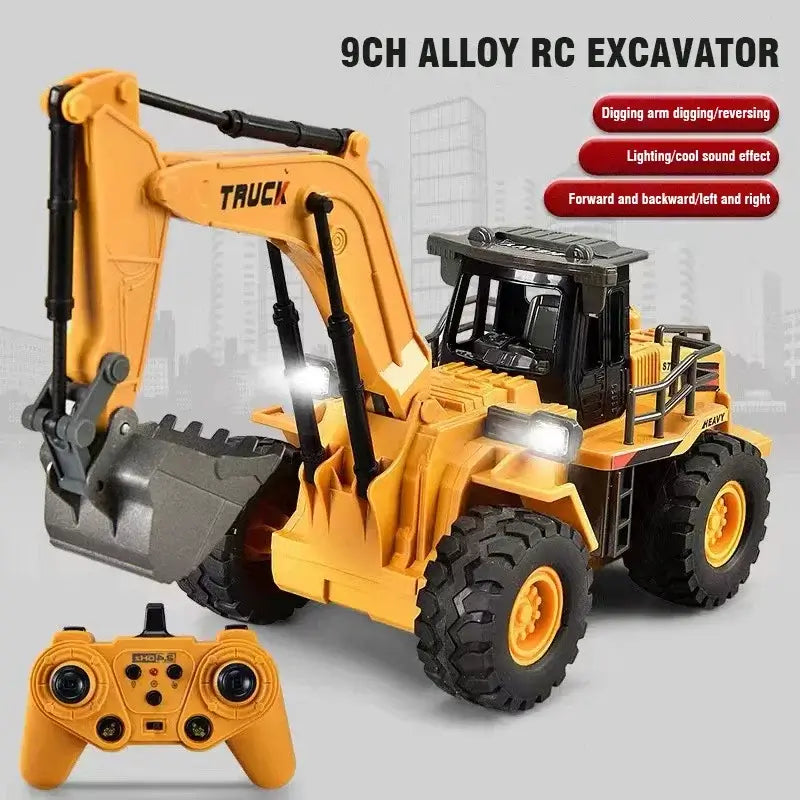 Remote Control Excavator Bulldozer with 9CH alloy construction, featuring lights and sound effects, perfect for kids and engineering play.