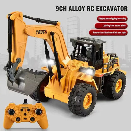 Remote Control Excavator Bulldozer with 9CH alloy construction, featuring lights and sound effects, perfect for kids and engineering play.