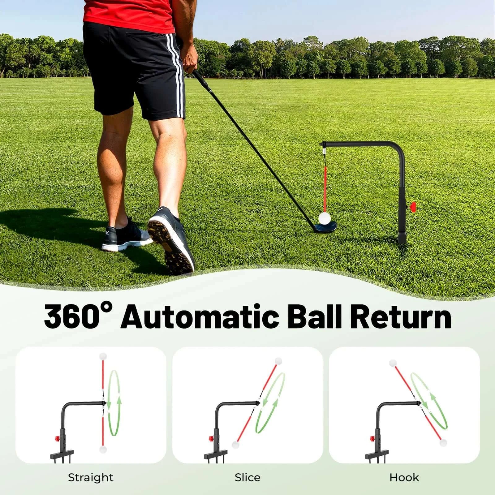 Golf Swing Trainer demonstrating 360° automatic ball return for practicing straight, slice, and hook shots on the field.