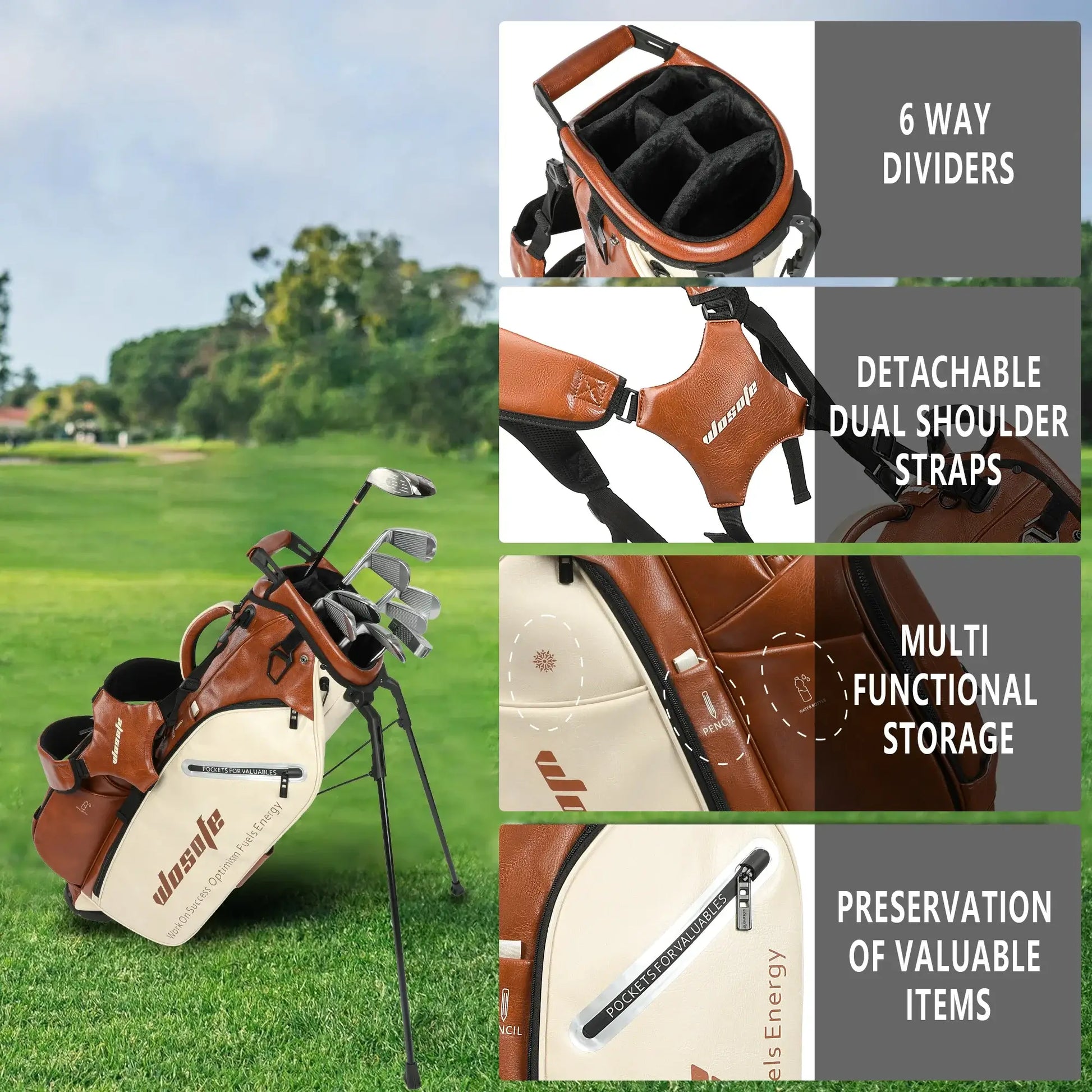 Golf Stand Bag for Men & Women featuring 6 way dividers, detachable dual shoulder straps, and multi-functional storage.