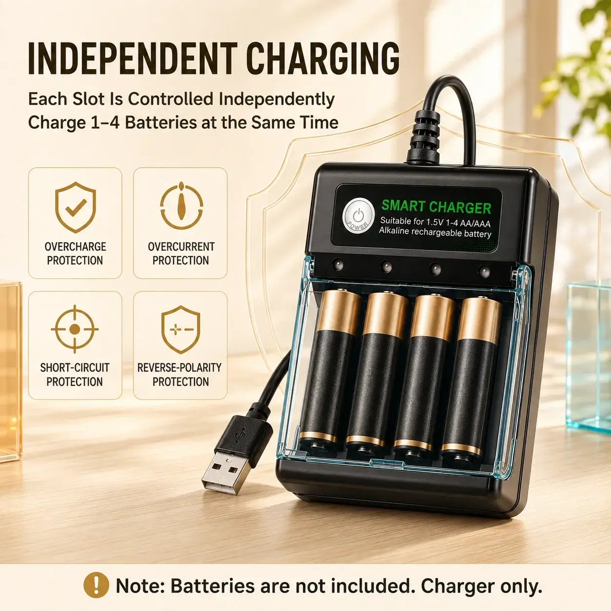 1.5V USB 4 Slots Charger showing independent charging for AA alkaline batteries with safety features and USB connection.