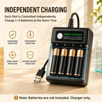 1.5V USB 4 Slots Charger showing independent charging for AA alkaline batteries with safety features and USB connection.