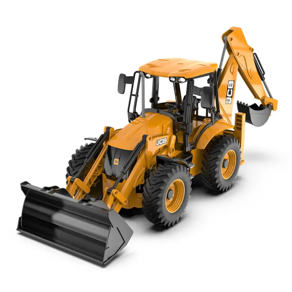 RC excavator remote control model showing a detailed yellow JCB backhoe loader.